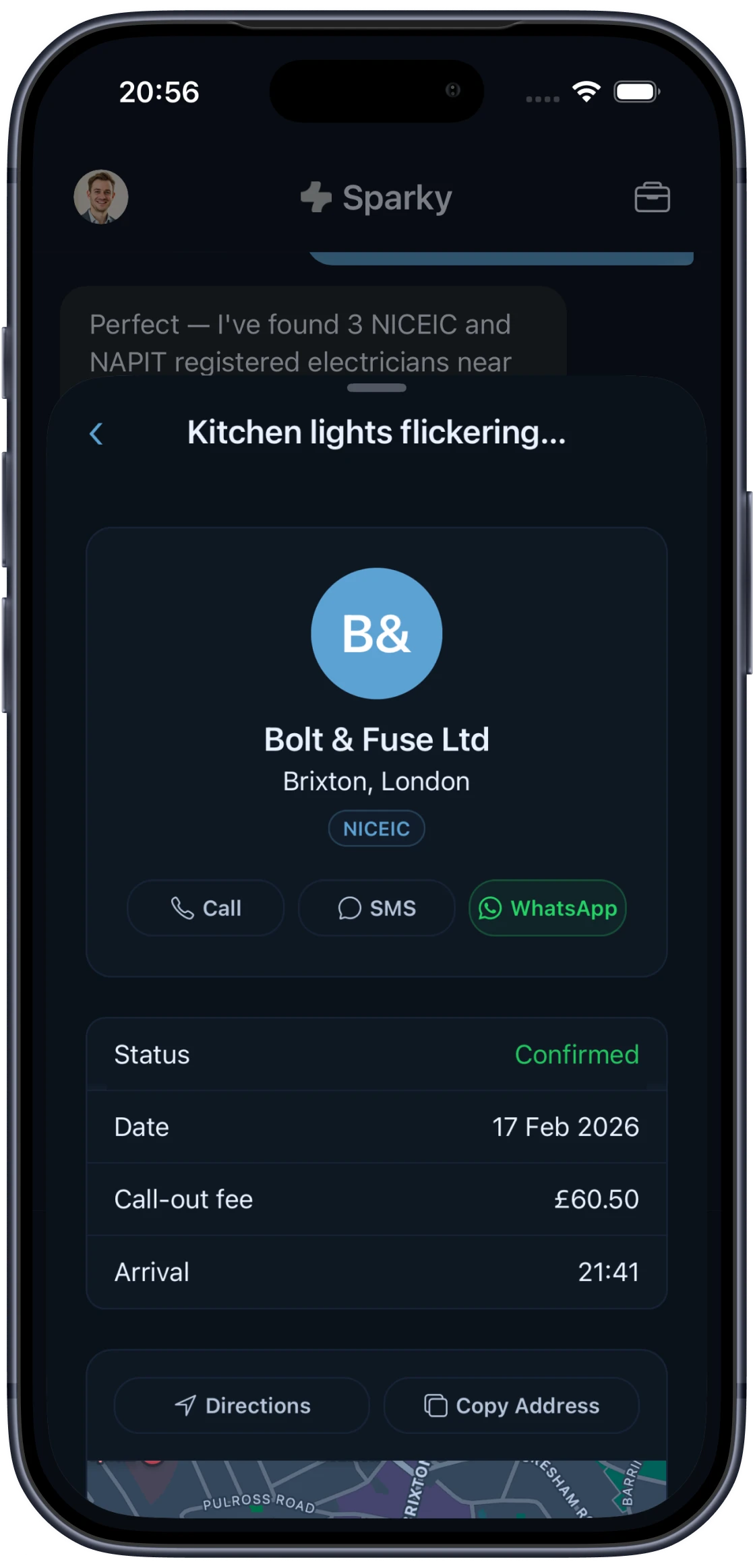 Track your confirmed electrician booking in the Sparky app